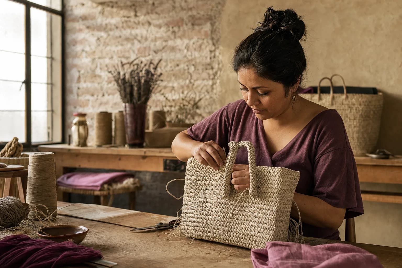 Artesana regiomontana trabajando una bolsa tejida