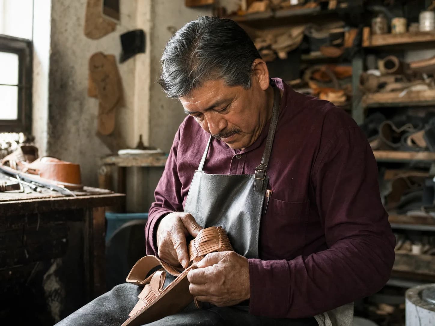Artesano local elaborando calzado de piel